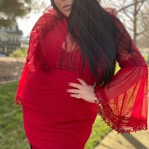 FashionNova Curve Bell Sleeve Midi Dress 2X Red